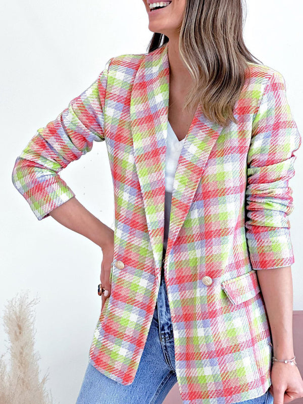 Business Casual Plaid Double-Breasted Shawl Lapel Blazer | Blazers | Pekosa Women Clothing