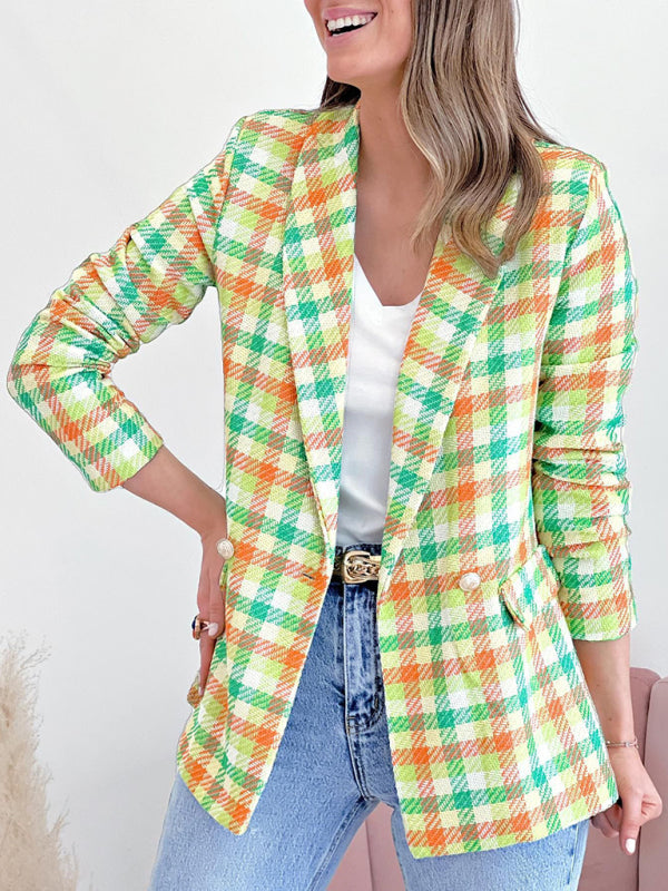 Business Casual Plaid Double-Breasted Shawl Lapel Blazer | Blazers | Pekosa Women Clothing