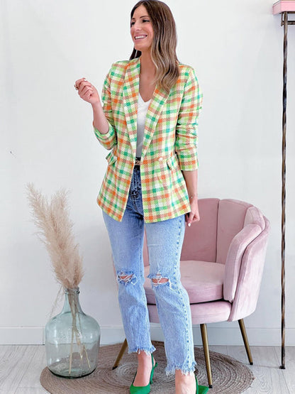 Business Casual Plaid Double-Breasted Shawl Lapel Blazer | Blazers | Pekosa Women Clothing