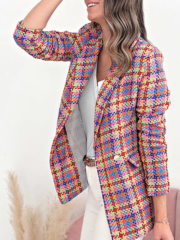 Business Casual Plaid Double-Breasted Shawl Lapel Blazer | Blazers | Pekosa Women Clothing