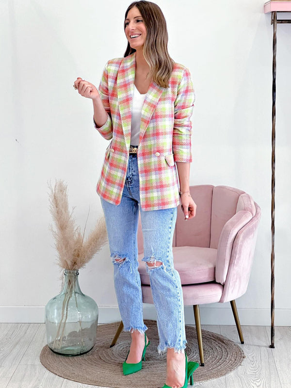 Business Casual Plaid Double-Breasted Shawl Lapel Blazer | Blazers | Pekosa Women Clothing