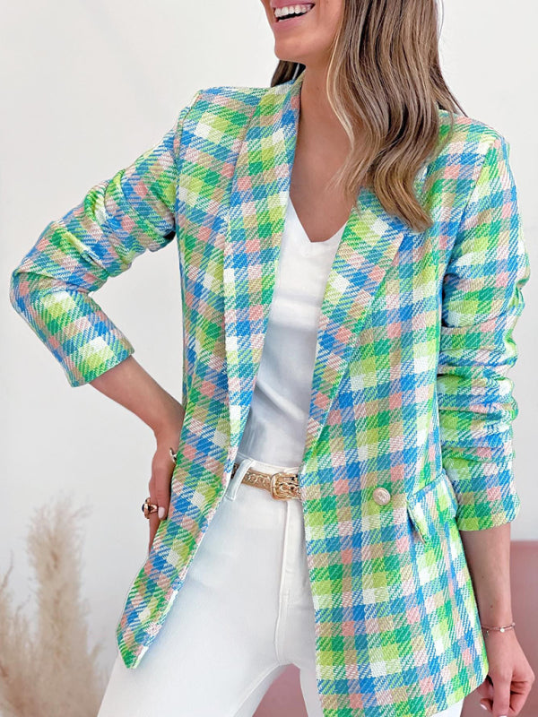 Business Casual Plaid Double-Breasted Shawl Lapel Blazer | Blazers | Pekosa Women Clothing