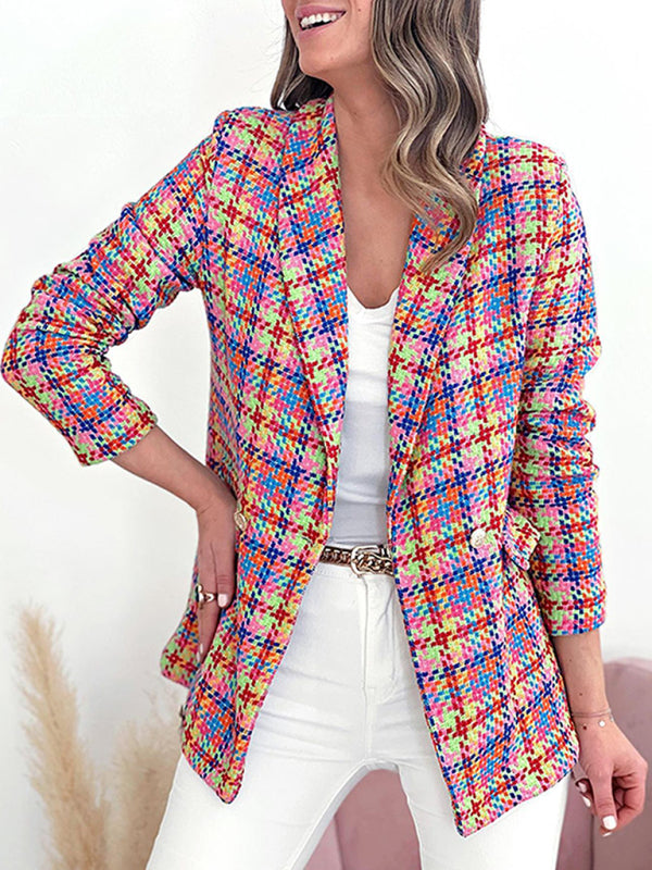 Business Casual Plaid Double-Breasted Shawl Lapel Blazer | Blazers | Pekosa Women Clothing