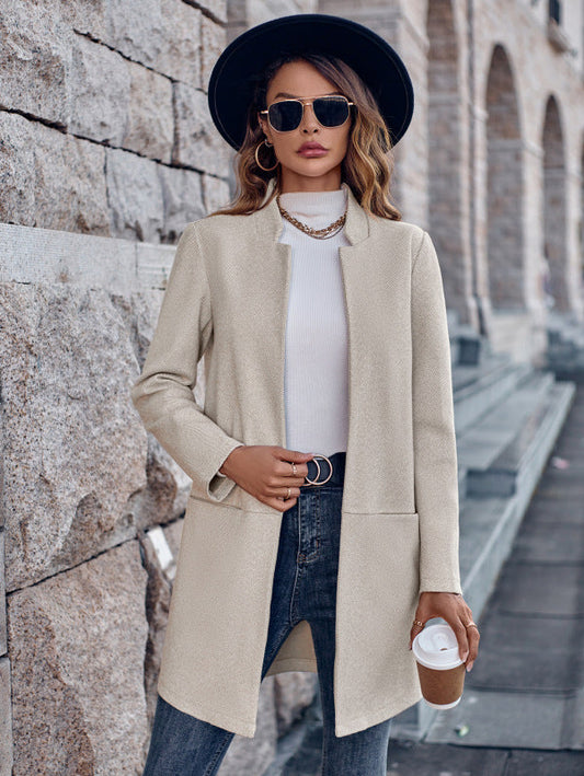 Elegant Grain Open Front Mid-Length Blazer Coat | Blazers | Pekosa Women Clothing