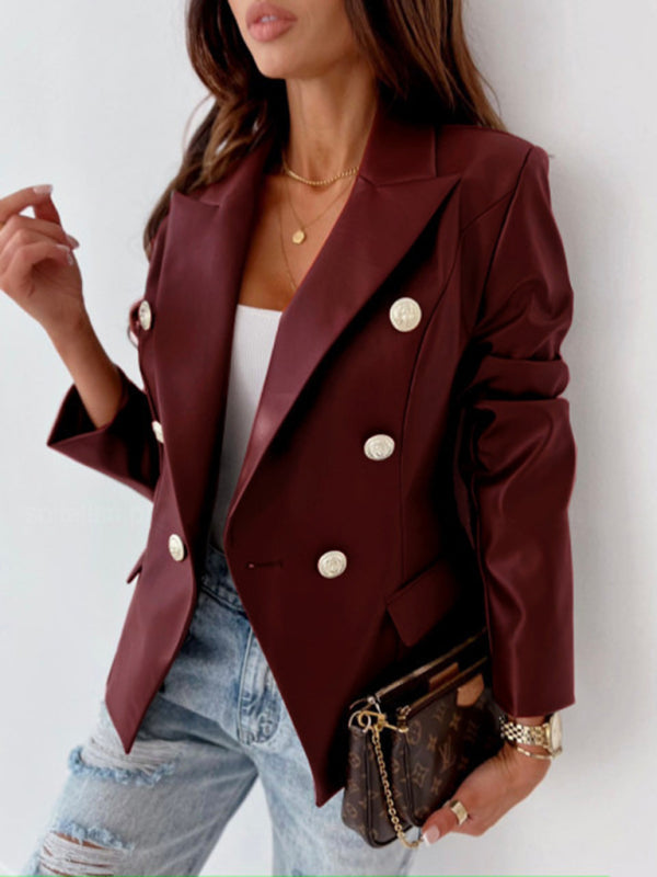 Faux Leather Business Jacket | Double-Breasted Lapel Blazer