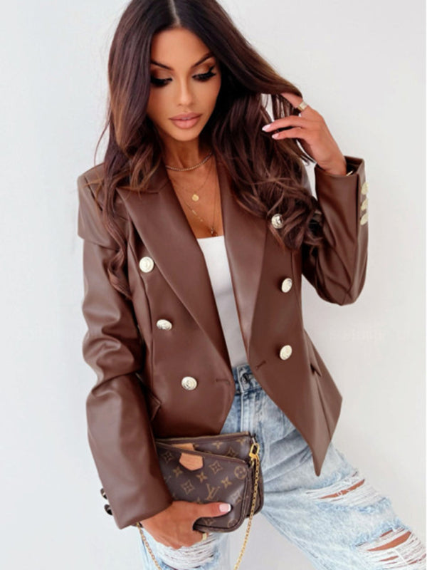 Faux Leather Business Jacket | Double-Breasted Lapel Blazer