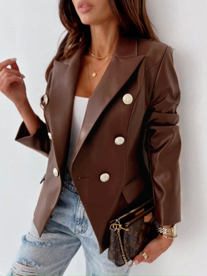 Faux Leather Business Jacket | Double-Breasted Lapel Blazer