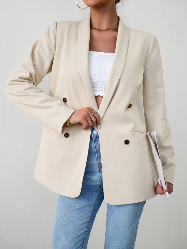 Blazers- Solid Double-Breasted Shawl Lapels Blazer- - IndioGear Fashion and Gear