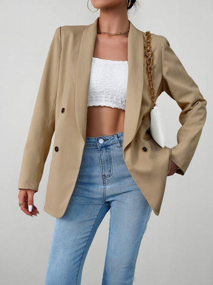 Blazers- Solid Double-Breasted Shawl Lapels Blazer- - IndioGear Fashion and Gear