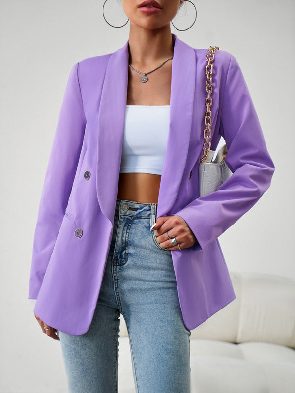 Blazers- Solid Double-Breasted Shawl Lapels Blazer- Purple- IndioGear Fashion and Gear