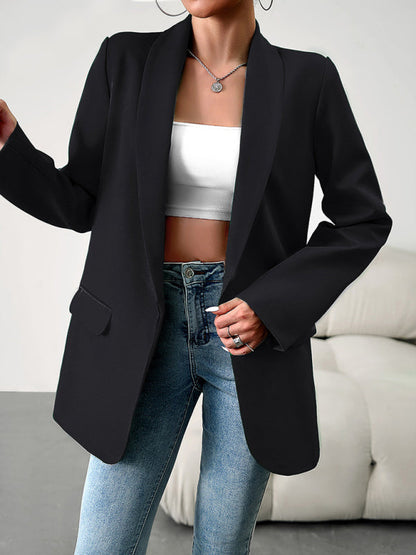 Blazers- Solid Open Front Shawl Lapels Blazer- Black- IndioGear Fashion and Gear