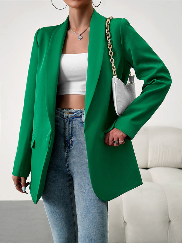 Blazers- Solid Open Front Shawl Lapels Blazer- Green- IndioGear Fashion and Gear