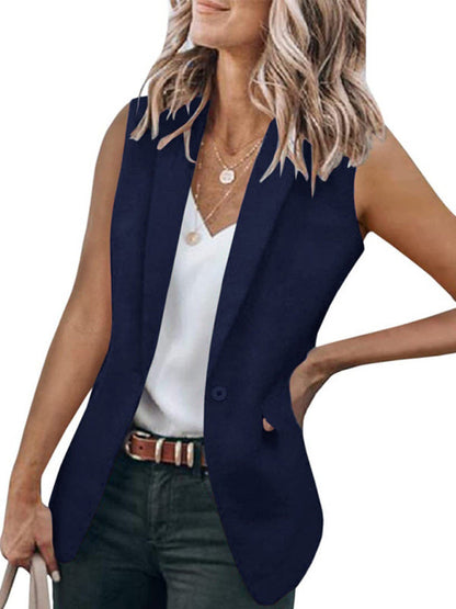 Blazers- Stylish Women's Light Single-Breasted Blazer - Sleeveless Jacket- Navy Blue- IndioGear Fashion and Gear