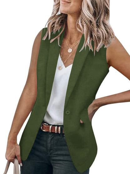 Blazers- Stylish Women's Light Single-Breasted Blazer - Sleeveless Jacket- Olive green- IndioGear Fashion and Gear