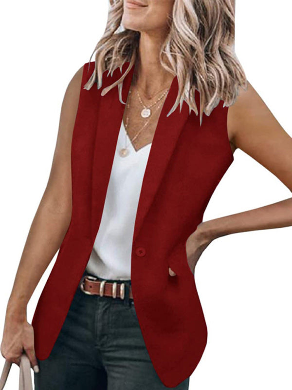 Blazers- Stylish Women's Light Single-Breasted Blazer - Sleeveless Jacket- Wine Red- IndioGear Fashion and Gear