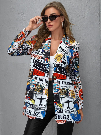 Blazers- Trendy Graffiti Print Blazer - Single Breasted Jacket- - Pekosa Women Clothing