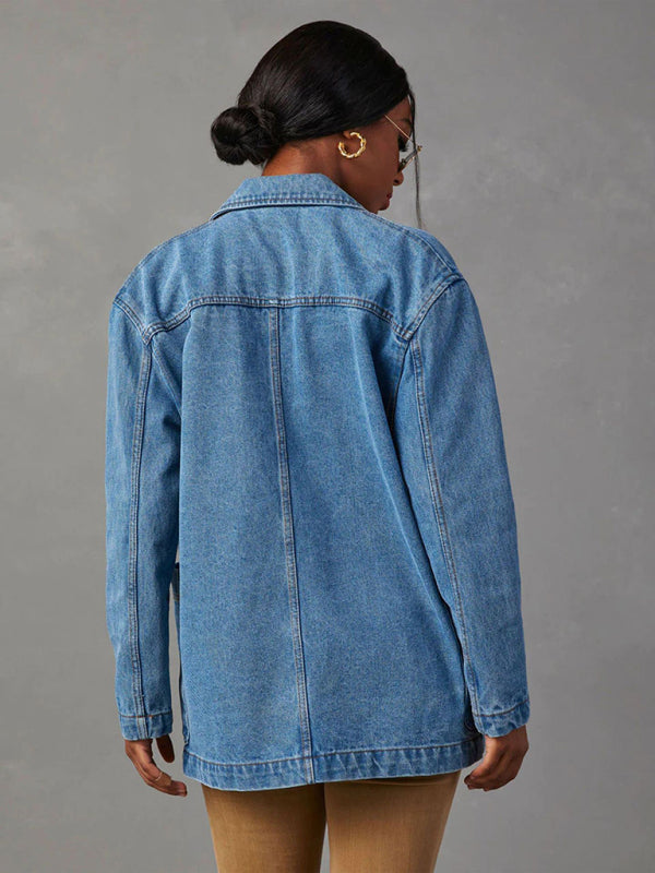 Blazers- Washed Denim Single-Breasted Shawl Lapel Jacket - Blazer with Pockets- - IndioGear Fashion and Gear