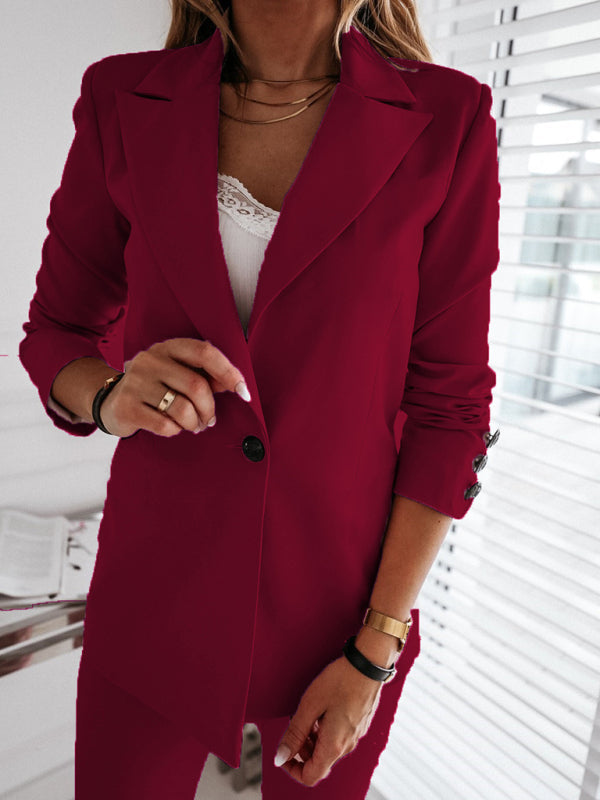 Blazers- Women's Blazer Office Attire: Single-Breasted Suit Jacket- Wine Red- IndioGear Fashion and Gear