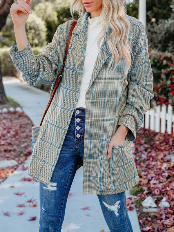 Blazers- Women's Open Front Notch Lapels Plaid Blazer - Side Pockets Jacket- Blue- IndioGear Fashion and Gear