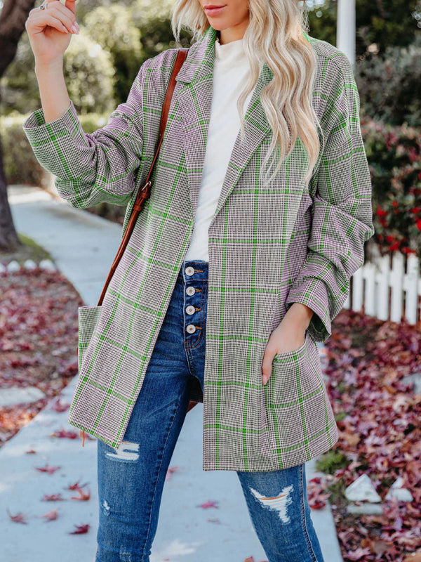 Blazers- Women's Open Front Notch Lapels Plaid Blazer - Side Pockets Jacket- Green- IndioGear Fashion and Gear