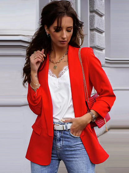 Blazers- Women's Open Front Shawl Lapels Blazer - Long Sleeves Pocketed Jacket- Red- IndioGear Fashion and Gear