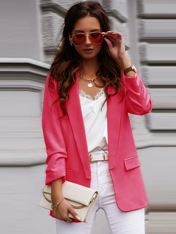 Blazers- Women's Open Front Shawl Lapels Blazer - Long Sleeves Pocketed Jacket- Rose- IndioGear Fashion and Gear