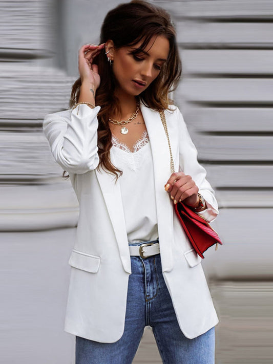 Blazers- Women's Open Front Shawl Lapels Blazer - Long Sleeves Pocketed Jacket- White- IndioGear Fashion and Gear