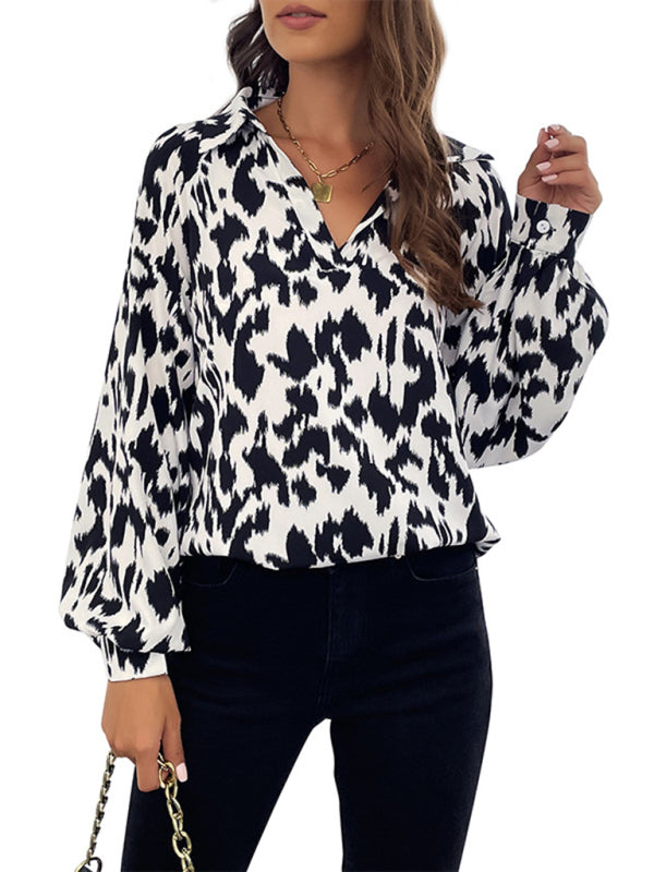 Blouses- Abstract Elegance: Women's Lantern Sleeves Blouse - Collared Tunic Top- - IndioGear Fashion and Gear