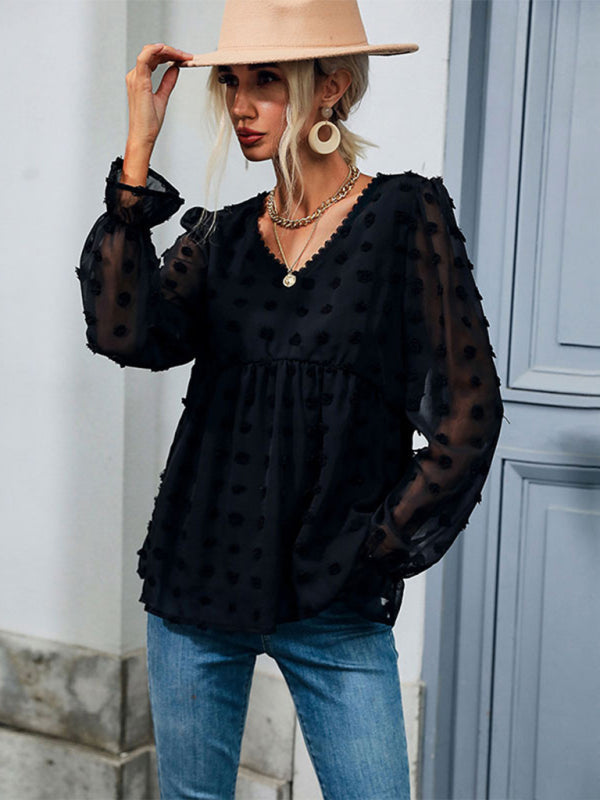 Blouses- All-Over Floral Applique Top - Elegant Chiffon Blouse- - Pekosa Women Clothing