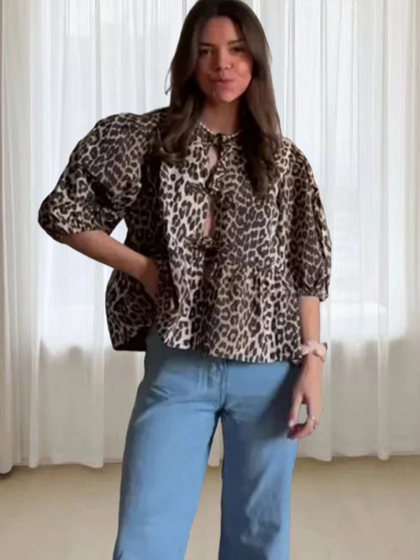 Blouses- Animal Print Lace-Up Front Blouse with Puff Sleeves- Leopard- IndioGear Fashion and Gear