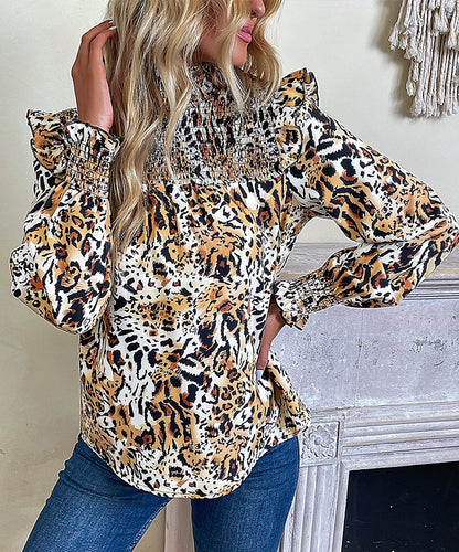 Blouses- Animal Print Lantern Sleeve Blouse with Ruffle & Shirred Accents- - Pekosa Women Clothing