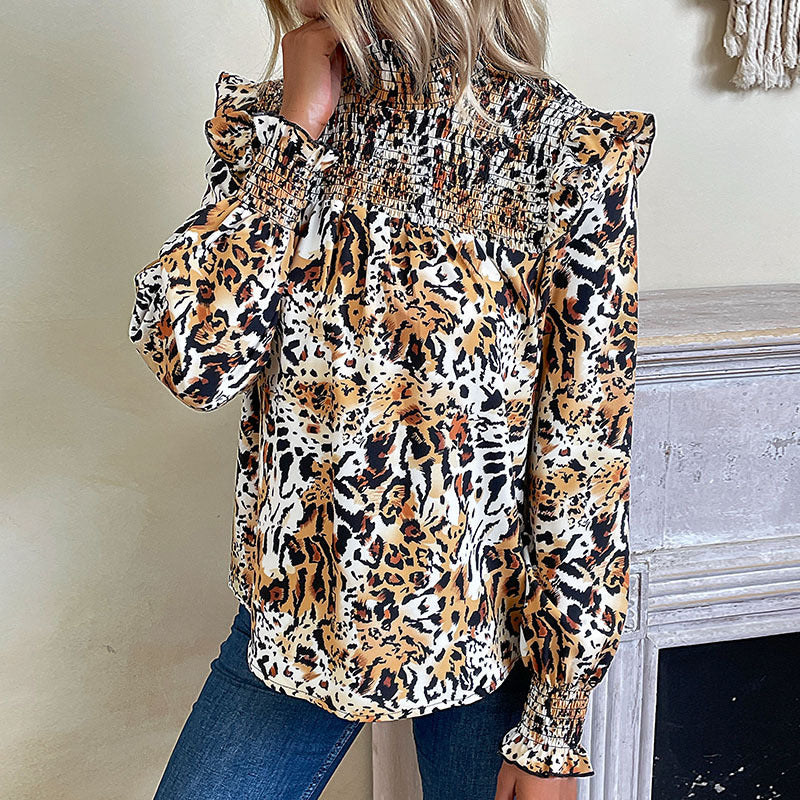 Blouses- Animal Print Lantern Sleeve Blouse with Ruffle & Shirred Accents- Khaki- Pekosa Women Clothing