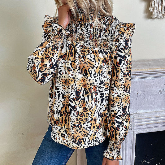 Blouses- Animal Print Lantern Sleeve Blouse with Ruffle & Shirred Accents- Khaki- Pekosa Women Clothing