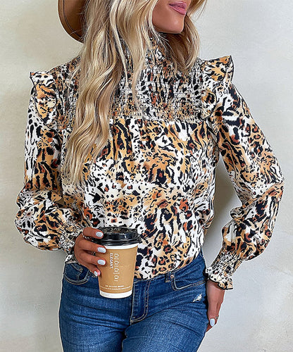 Blouses- Animal Print Lantern Sleeve Blouse with Ruffle & Shirred Accents- - Pekosa Women Clothing