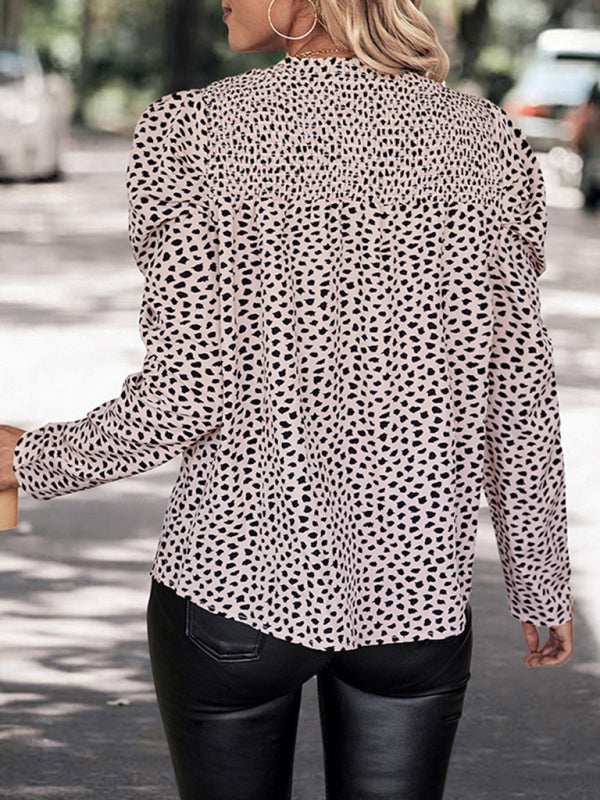 Blouses- Autumn Leopard Print Puff Sleeve Smocked Blouse Top- - IndioGear Clothing and Gear