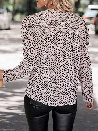 Blouses- Autumn Leopard Print Puff Sleeve Smocked Blouse Top- - IndioGear Clothing and Gear