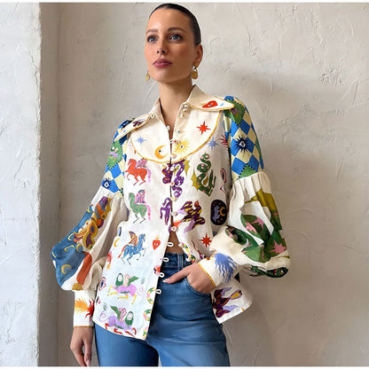 Blouses- Balloon Sleeve Blouse - Graphic Print Top- - IndioGear Fashion and Gear