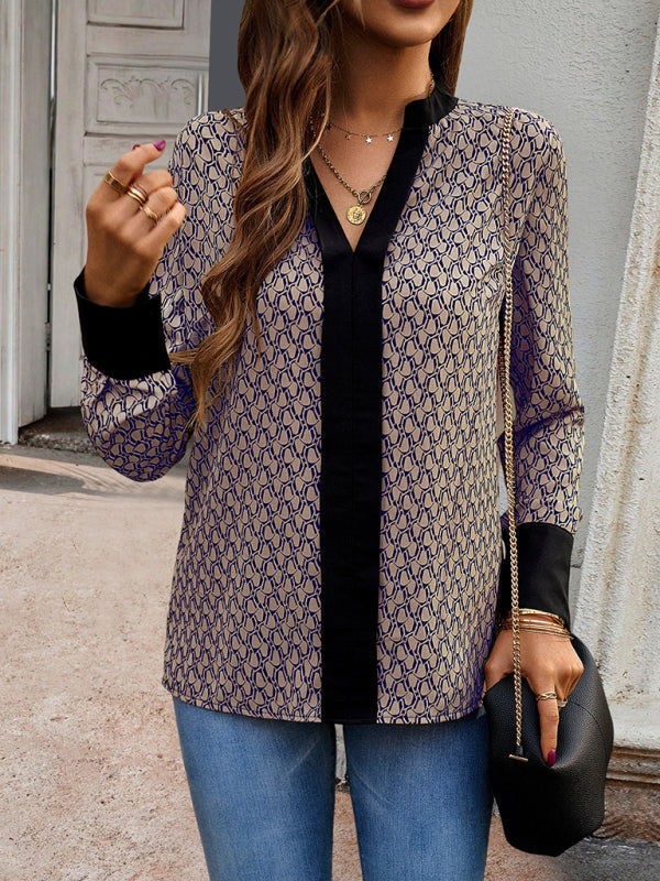 Blouses- Block Print Top | V-Neck Long Sleeve Blouse- Chuzko Women Clothing