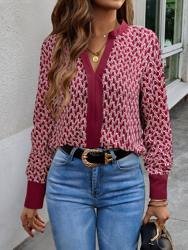 Blouses- Block Print Top | V-Neck Long Sleeve Blouse- Chuzko Women Clothing