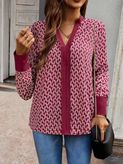 Blouses- Block Print Top | V-Neck Long Sleeve Blouse- Chuzko Women Clothing