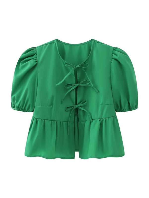 Bow-tiful Women's Open Ties Blouse with Puff Sleeves