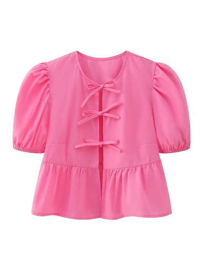 Bow-tiful Women's Open Ties Blouse with Puff Sleeves