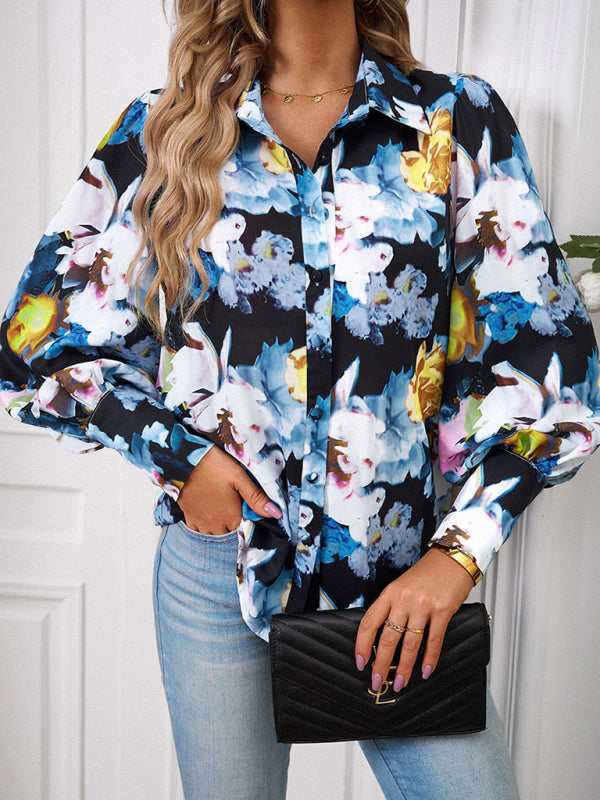 Blouses- Button-Down Balloon Sleeve Shirt - Vibrant Floral Top- Blue- Pekosa Women Clothing