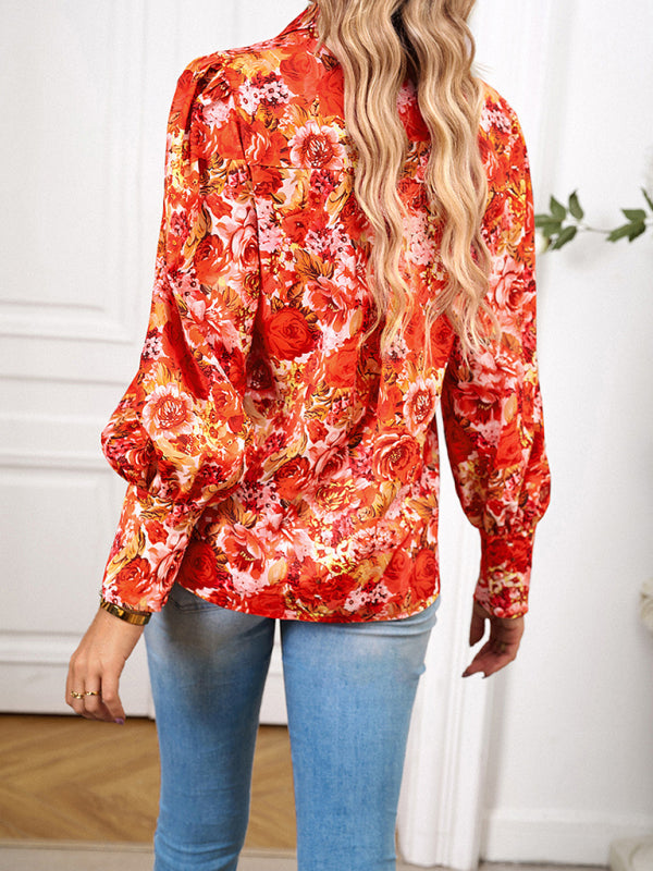 Blouses- Button-Down Balloon Sleeve Shirt - Vibrant Floral Top- - Pekosa Women Clothing