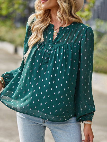 Blouses- Buttoned Long Sleeve Polka Dot Blouse in Chiffon- - IndioGear Clothing and Gear