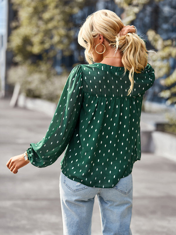 Blouses- Buttoned Long Sleeve Polka Dot Blouse in Chiffon- - IndioGear Clothing and Gear