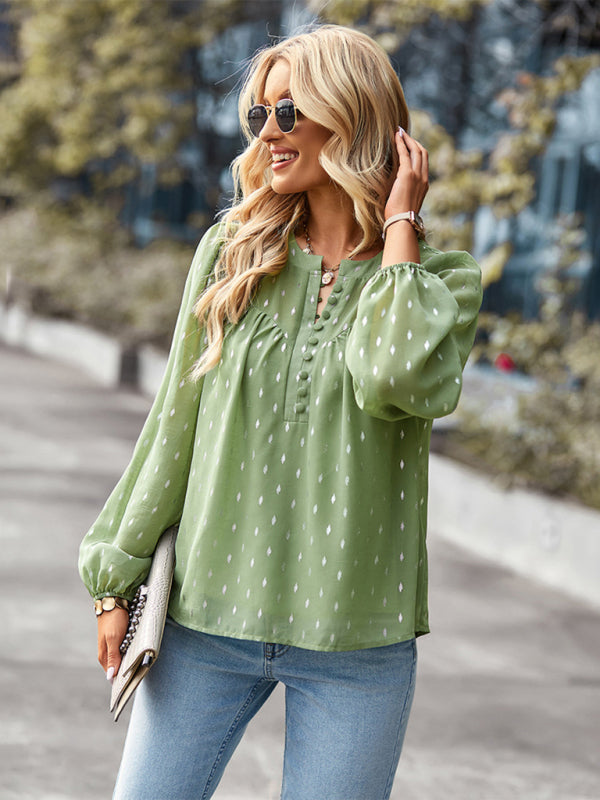 Blouses- Buttoned Long Sleeve Polka Dot Blouse in Chiffon- - IndioGear Clothing and Gear