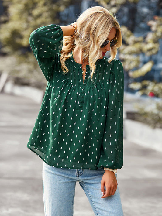 Blouses- Buttoned Long Sleeve Polka Dot Blouse in Chiffon- Green black jasper- IndioGear Clothing and Gear