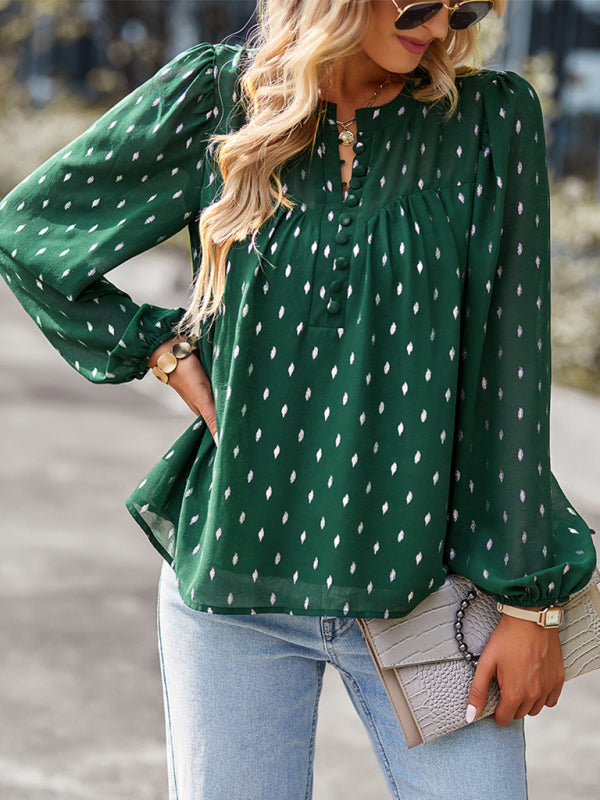 Blouses- Buttoned Long Sleeve Polka Dot Blouse in Chiffon- - IndioGear Clothing and Gear