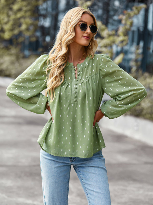 Blouses- Buttoned Long Sleeve Polka Dot Blouse in Chiffon- Green- IndioGear Clothing and Gear